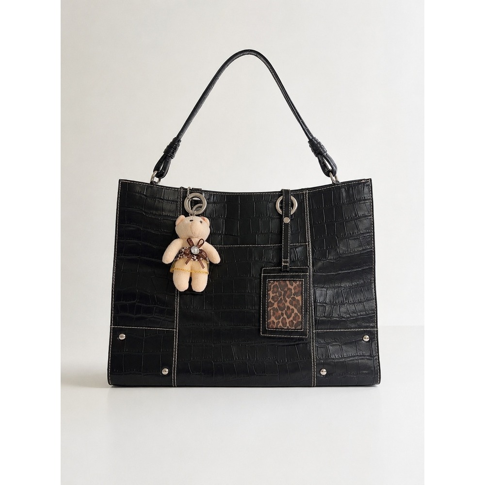 Wilsons Leather Black Croc Embossed Leather Tote Leopard Lining Bear Charm